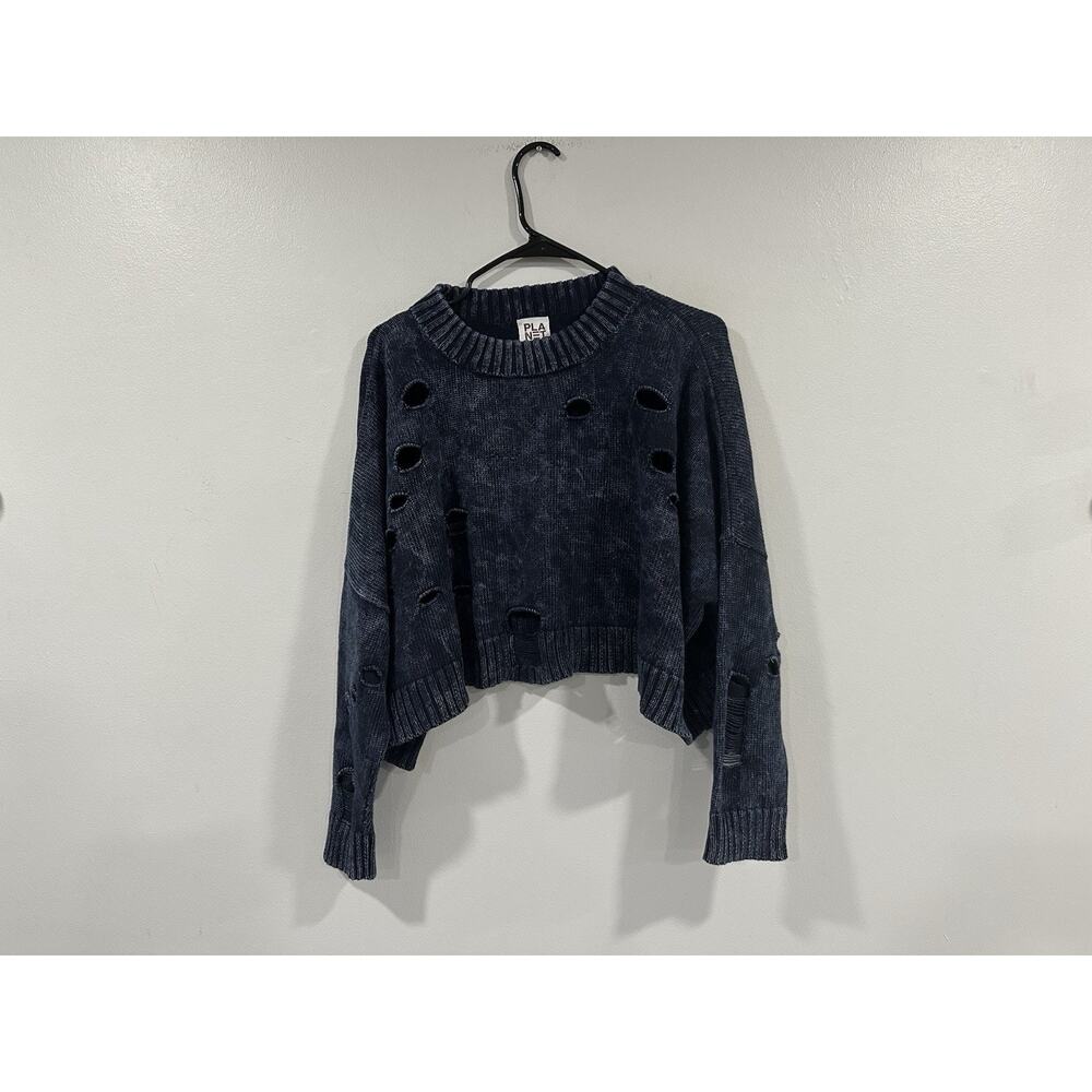 Planet By Lauren G Blue Navy Distressed Crop Sweater One Size